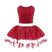 TiaoBug Kids Girls Shiny Sequins Santa Tutu Dress Mrs Claus Costumes Christmas Holiday Dress Ballet Dancewear