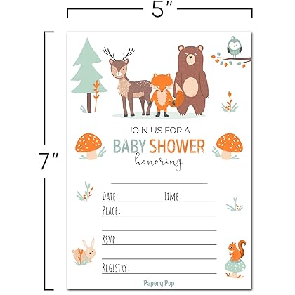 Papery Pop 30 Baby Shower Invitations for Boy or Girl with Envelopes (30 Pack) - Gender Neutral - Fits Perfectly with Woodland Animals Baby Shower Decorations and Supplies