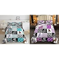 Erosebridal Girls Twin Size Horse Comforter Set Teal and Purple (2 Comforter + 2 Pillow Cases)