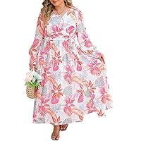 LALAGEN Womens Plus Size Long Dress Floral Multicolor Tropical Palm Print Tie High Waist Plus Size Maxi Dress