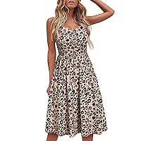 Flowy Dresses for Women,Women's Leopard Dress Print Camisole Casual Strapless Open Sleeveless Dress Womens A Li