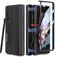 for Samsung Galaxy Z Fold 3 Case with Pen Holder,Hinged Cover Built-in with Pen Slot,with Screen Protector&Adjustable Bracket,Leather Cover Case for Galaxy Z Fold 3 (Carbon Fiber) Black