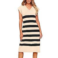 PRETTYGARDEN Summer Dress for Women Casual Sleeveless V Neck Striped Short Beach Dresses (Apricot,Large)
