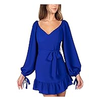 B Darlin Womens Blue Zippered Ruffled Long Sleeve V Neck Mini Party Fit + Flare Dress Juniors 3