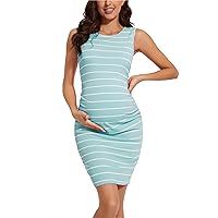 guruixu Striped Maternity Dress Ribbed Knit Sleeveless Bodycon Pregnancy Midi Dresses Ruch Side Stretchy Pregnancy Clothes