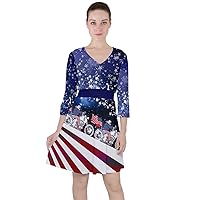 PattyCandy Women's Quarter Sleeve Ruffle Waist Dress USA Flag Lips Patriotic Theme, XS-3XL