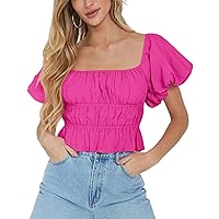 Women's Puff Short Sleeve Square Neck Tops Casual Summer Ruffle Beach Loose Fit Blouse Shirts