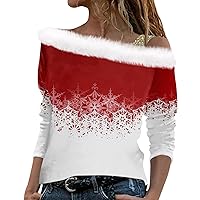 Christmas Women Tops Dressy Casual Long Sleeve Cold Shoulder Shirts Christmas Print Off Shoulder Tunic Fall Blouses