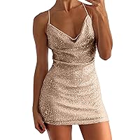 Sparkly Sequin Mini Wrap Dress for Women V-Neck Long Puff Sleeve Glitter Clubwear Party Outfits Dress Birthday Summer