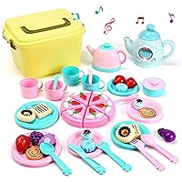 Toy Tea Set for Little Girls, Kids Tea Party Set Includes Kettle with Light & Music, Teapot, Dessert, Cookies, Play Tea Party Accessories & Carrying Case, Kitchen Pretend Play for Kids