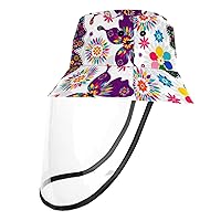 Colorful Butterfly Flower Pattern Outdoor Cap with Face Shield Sun Protection Fisherman Hats Windproof Dustproof UV Protective Hat for Boys & Girls, 22.6 Inch