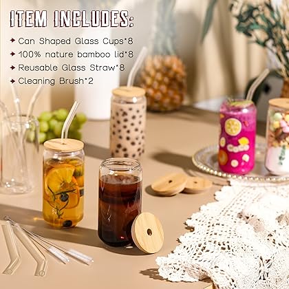 [ 8pcs Set ] Drinking Glasses with Bamboo Lids and Glass Straw - 16oz Can Shaped Glass Cups, Beer Glasses, Iced Coffee Glasses, Cute Tumbler Cup, Ideal for Cocktail, Whiskey, Gift - 2 Cleaning Brushes