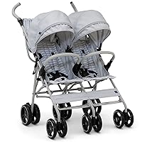 GAP babyGap Classic Side-by-Side Double Stroller - Lightweight Double Stroller with Recline, Extendable Sun Visors & Compact Fold - Made with Sustainable Materials, Grey Stripes