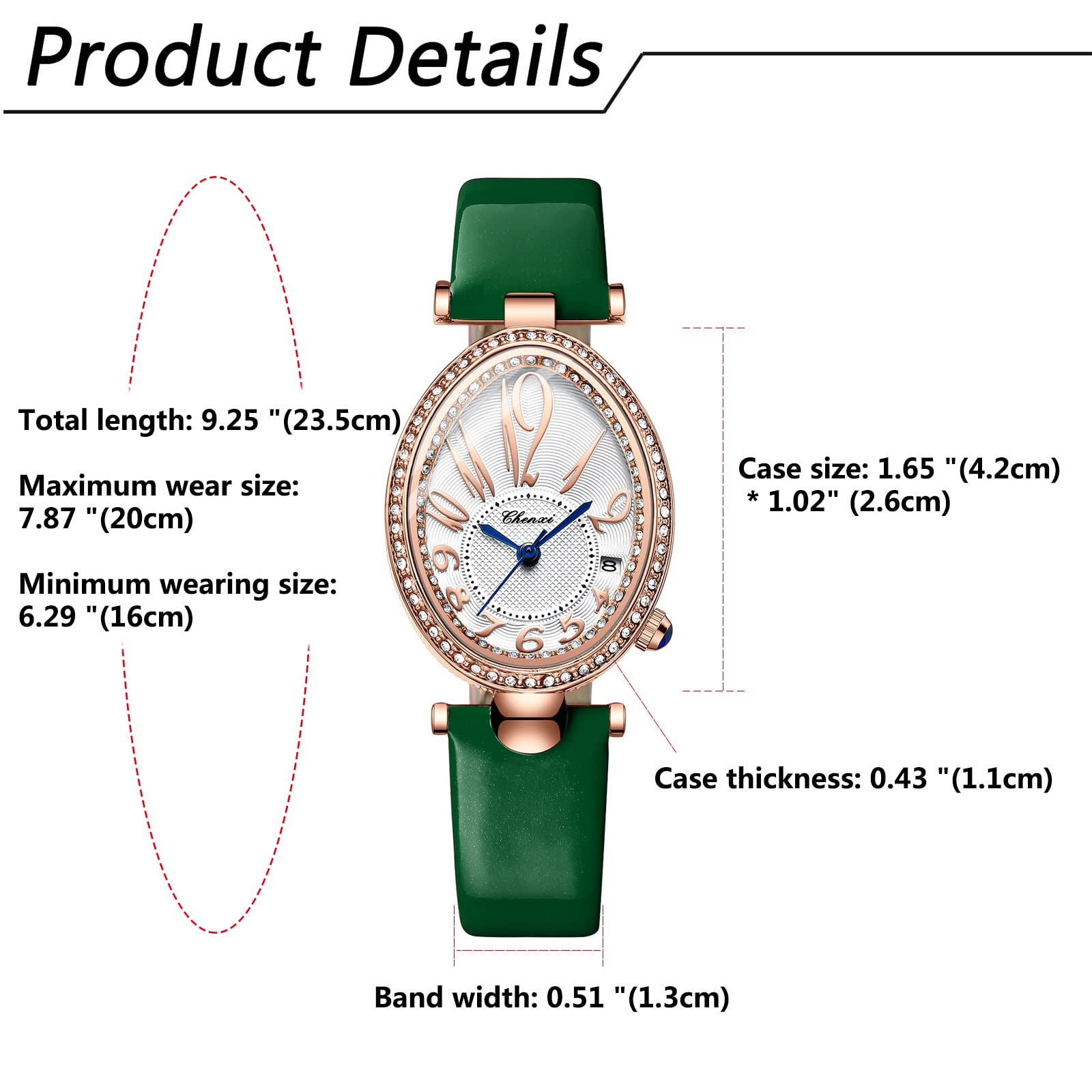 JewelryWe Uhren Damen Analog Quarz Datum Kalender 30m Wasserdicht Armbanduhr Elegant Strass Oval/Schlangenkopf Form Beiläufige Uhr mit Echtleder Leder Armband, 4 Farben