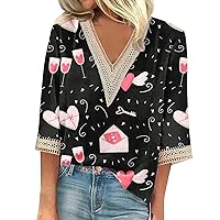 Women's Shirt Blouse Casual Loose 44989 Sleeve Lace Trims Valentine's Day Love Print V Neck Tops Shirts Tee, S-3XL