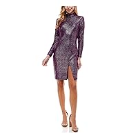 Womens Purple Stretch Glitter Zippered High Slit Long Sleeve Mock Neck Above The Knee Cocktail Body Con Dress Juniors 11