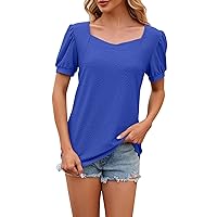 Women's Work Blouses Fashion Solid Colour V-Neck Bubble Short Sleeve Loose T Shirt Casual Top, S-2XL
