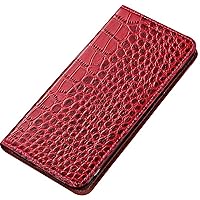 Genuine Leather Flip Phone Case, for Apple iPhone 14 Pro Max Case Crocodile Pattern Magnetic Folio Kickstand Holster Cover [Card Holder],Red
