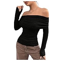 SOLY HUX Women's Off Shoulder Ruched Tee Crop Tops Long Sleeve Ribbed Knit T Shirt