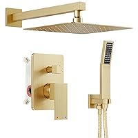 Gold Shower System, Shower Faucet Set with High Pressure 10 inch Shower Head and HandHeld, Wall Mounted Bathroom Shower Head Set,Shower Faucet Rough-in Valve and Trim Kit, Brushed,Gold