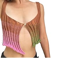 Women's Sleeveless Fashion Sexy Knitted Rainbow Shrug deep V Neck Button up Crop Top
