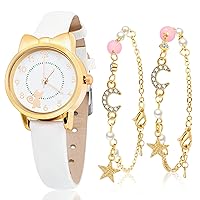 3 Pieces Kids Watch and Star Bracelet Children Cartoon Quartz Watches, Including Cute Cat Pattern Watches Leather Quartz Watches 2 Pcs Beaded Chain Bracelets for Christmas Valentine's Day Gift