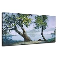 Ardemy Trees Canvas Wall Art Lake Sky Painting Nature Landscape Picture Countryside Lakeside Scenic Green Scenery Artwork Framed for Living Room Bedroom Bathroom Home Office Wall Decor, Large 40