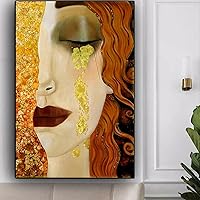 Abstract Gustav Klimt Golden Tears And Kiss Painting on Canvas Posters and Prints Pictures Framed Wall Art for Bedroom 95x130cm/37x51inch With-Black-Frame Ready to Hang