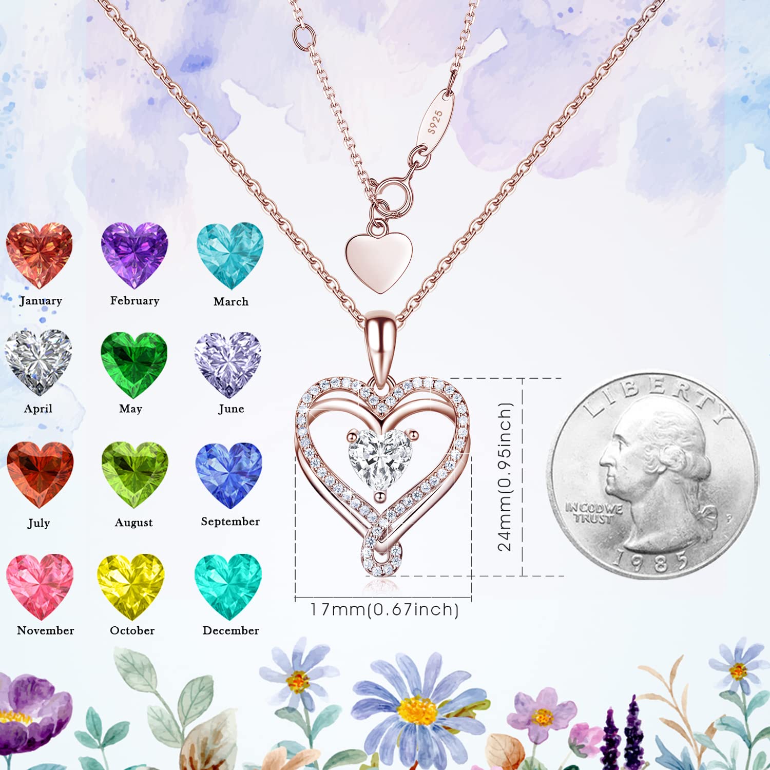 Infinity Heart Birthstone Necklace for Women 18K Rose Gold 925 Sterling Silver Birthstone Jewelry for Mom Daughter Wife Grandma Christmas Anniversary Birthday Gifts for Women Her from Husband Son Friend Diamond Pendant Necklaces