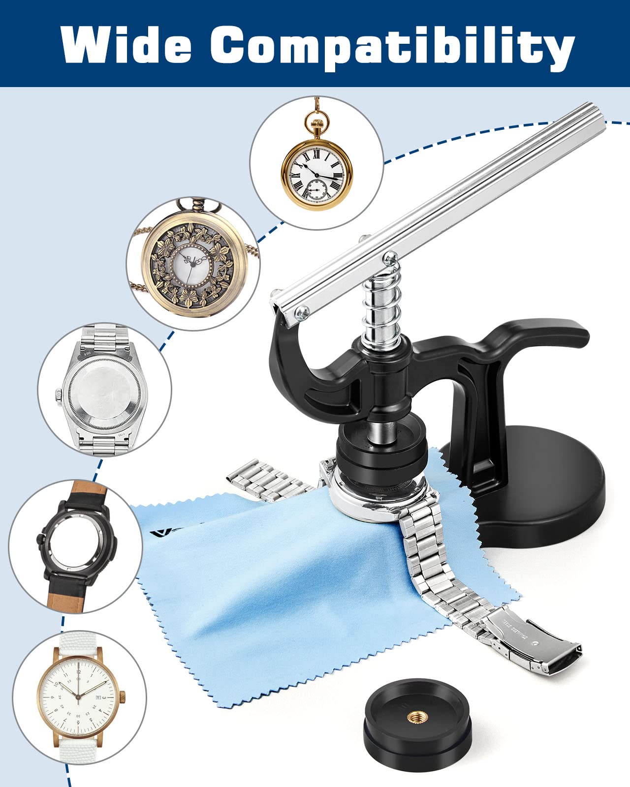 Vastar Watch Press Set, Watch Case Press Kit with 12 Dies(18-50mm), Metal Watch Repair Tool Kit, Watch Press Tool with Cleaning Pad