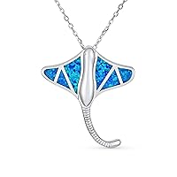 Large Nautical Ocean Blue Created Opal Inlay Stingray Pendant Necklace For Women .925 Sterling Silver