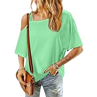 Women's Off Shoulder Tops Oversized Short Sleeve Tshirt Casual Solid Color Strappy Tunic Blouses Sexy Batwing Shirts