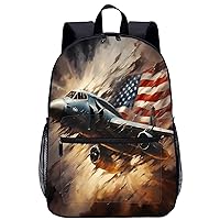 Vintage American Flag Airplane 17 Inch Laptop Backpack Large Capacity Daypack Travel Shoulder Bag for Men&Women