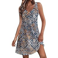 Ladies V Neck Dress Loose Sleeveless Trendy Floral Printed Breathable Women's Sundress Beach Boho with Pockets