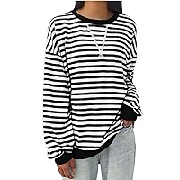 Prime of Day Deals Today 2024 Women Oversized Sweatshirt Striped Color Block Long Sleeve Pullover Tops Vintage Crewneck Shirts Casual Loose Sweater