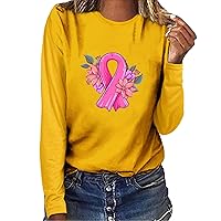 Crop Tops for Women Long Sleeve Sexy Women's Autumn Breast Cancer Awareness Ribbon Floral Print Round Neck Lon