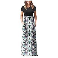 Women's Casual Dress Chic Vintage Ethnic Printed Long Dress Crewneck Short Sleeve with Pocket Summer Sundress Daily Wear Streetwear(2-White,4) 0895