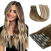 Clip in Hair Extensions 16 inch 130g 7pcs Walnut Brown to Ash Brown and Bleach Blonde Clip in Remy Human Hair Extensions Straight Hair Invisi Edge Clip Hair Full Head