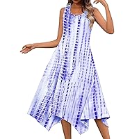 Spring Dresses for Women, Summer Flowy Midi Dress Casual Print Sleeveless Round Neck Smocked Beach Sundress Maxi Women Casual Dresses 2024 Floral Dresses Party Dress Casual (S, Purple)