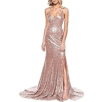 Women's Spaghetti Straps Sequin Prom Dress Mermaid V Neck Formal Evening Dresses with Slit