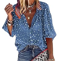 Dressy Tops for Women's Summer Casual V Neck 3/4 Bell Sleeve Loose Blouse Top Button Down Shirt