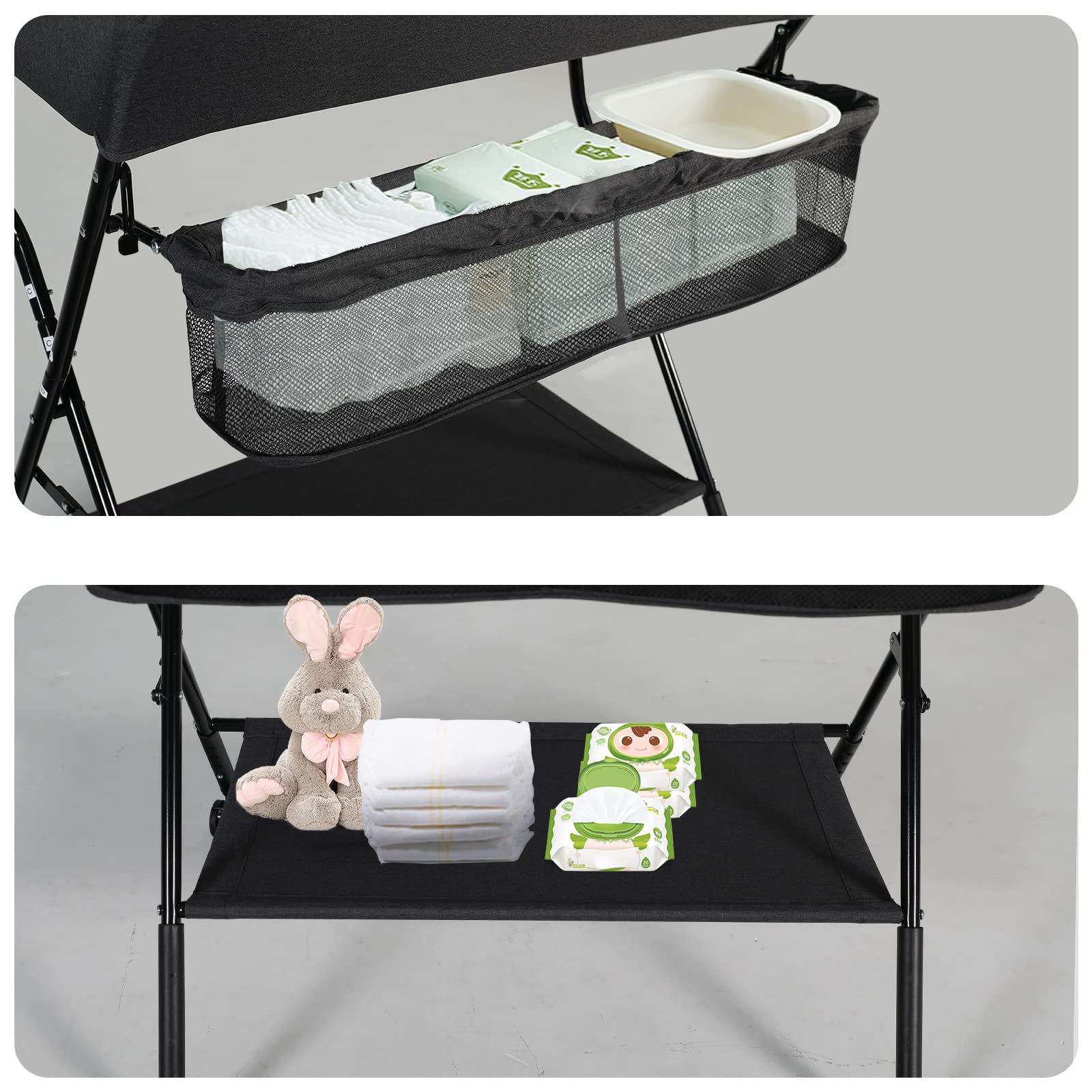 Kinder King Portable Baby Changing Table w/Wheels, Adjustable Height Folding Infant Diaper Station, Mobile Newborn Nursery Organizer, Large Storage Rack, Black