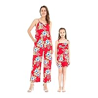Matchable Hawaiian Luau Mother Daughter Women Strap V Jumpsuit or Girl Jumpsuit Romper in Hibiscus Red