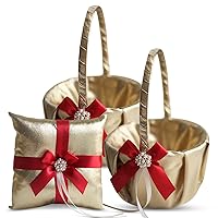 Gold & RED Wedding Ring Bearer Pillow and Flower Girl Basket Set – Satin & Ribbons – Pairs Well with Most Dresses & Themes – Splendour Every Wedding Deserves