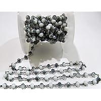 3-Feet Shaded Grey Moonstone Rondelle Faceted 6mm Beads Hydro Quartz Rosary Beaded Chain (Black Oxidizes)