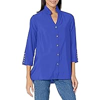 MULTIPLES Women's 5 Placket Three Quarters Sleeve Wire Collar Y-Neck Button Front Shirt