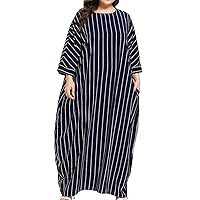 Flygo Women's Casual Striped Maxi Long Dress Plus Size Round Neck 1/2 Sleeve Floor Length Navy Blue Dress (X-Large, Navy)