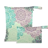Burbuja Green Mandala Wet Dry Bags for Baby Cloth Diaper 2 Pack, Waterproof Reusable Wet Bag with 2 Zippered Pockets for Travel Swimsuit Gym Clothes Toiletries Stroller