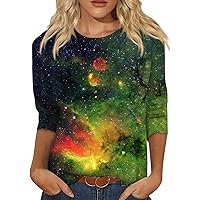 3/4 Sleeve Tops for Women Universe Starry Sky Graphic Crewneck Oversized T Shirts Summer Slim Pretty Shirts Mom Tees