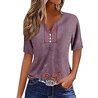 Casual Henley Shirts for Women,Womens Tops V Neck Henley Button Sequin Floral Print Y2K Tee Shirts Fashion Button Down Boho Hawaiian Blouse Easter Shirts